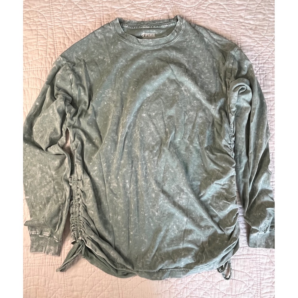 PINK Victoria's Secret Sage Green Acid Wash Ruched Side Long Sleeve Tee XS